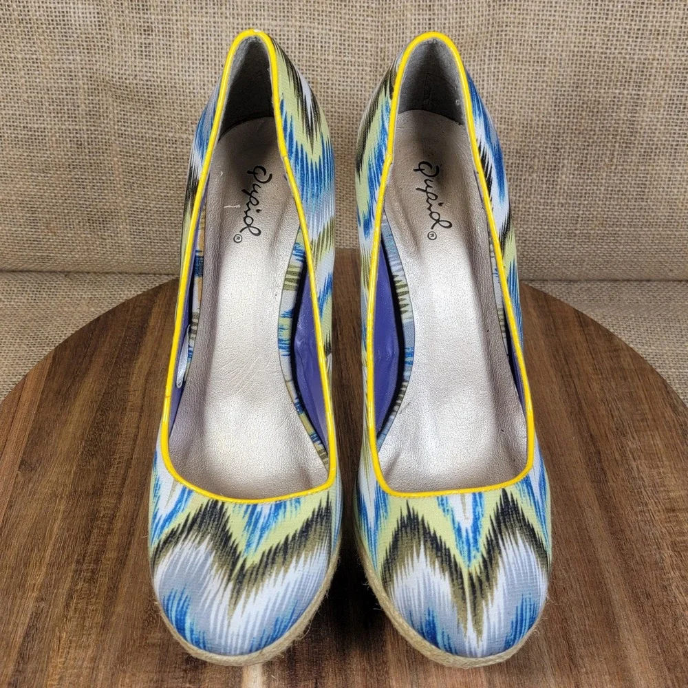 Qupid Platform Heels Blue Yellow White Print Espadrille Pumps Women's‎ Size 9